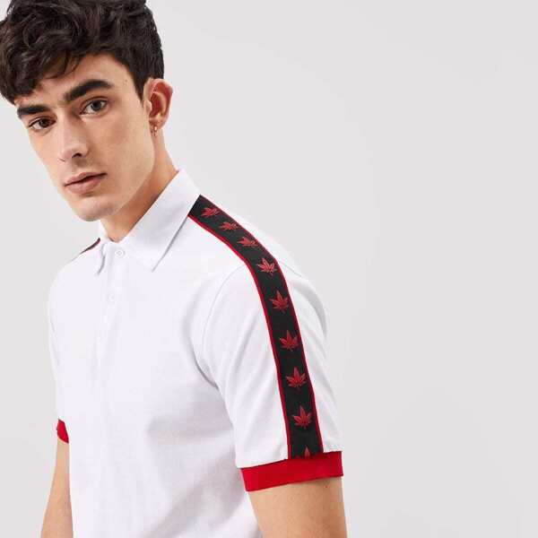 

Men Leaf Tape Detail Polo Shirt, White