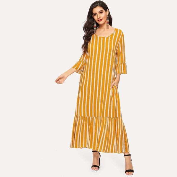 

Striped Ruffle Hem Flounce Sleeve Dress, Yellow