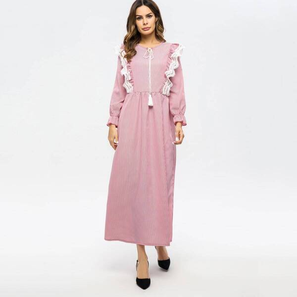 

Striped Flounce Sleeve Tie Neck Ruffle Dress
