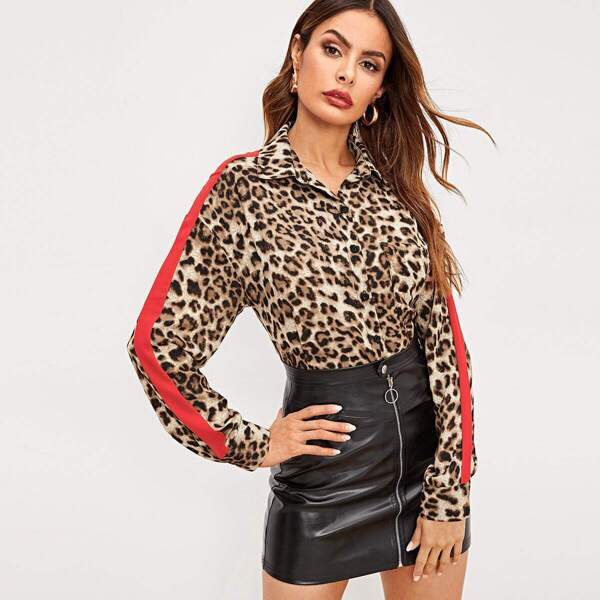 

Striped Sideseam Pocket Patched Leopard Shirt