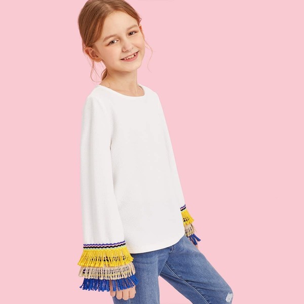 

Girls Layered Fringe Patched Cuff Textured Blouse, White