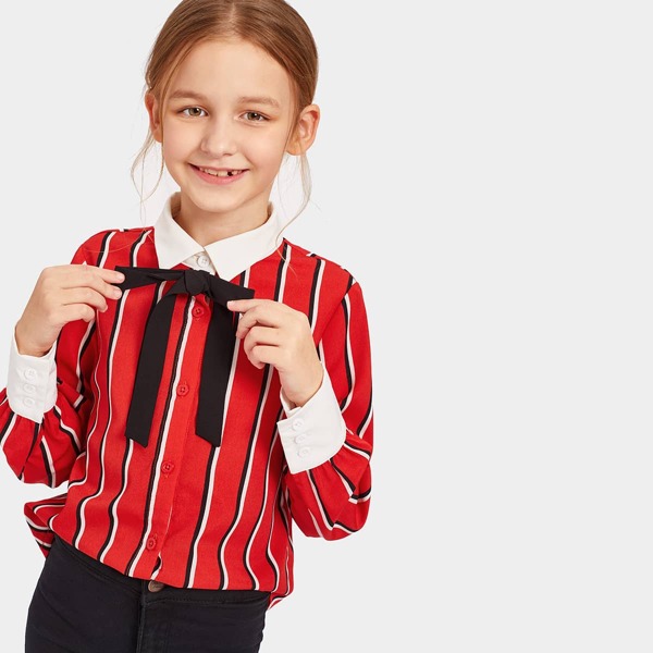 

Girls Contrast Collar & Cuff Tie Neck Stripe Shirt