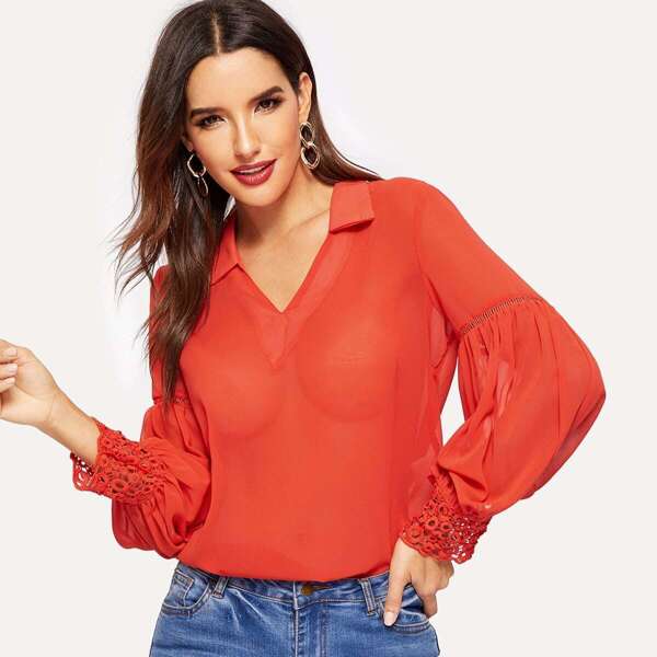 

V Neck Lace Insert Neon Orange Top