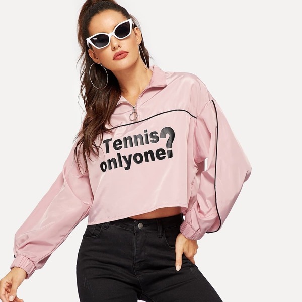 

Contrast Tipping Letter Print Half Placket Jacket