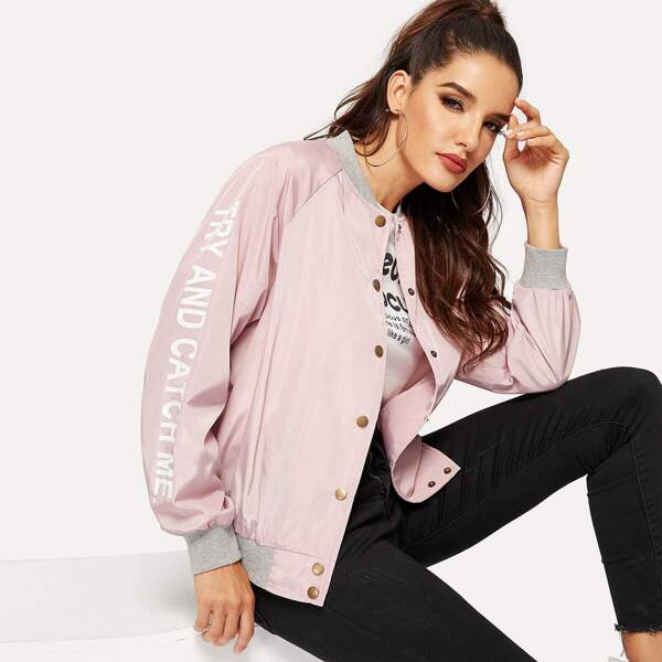 

Button Up Raglan Sleeve Letter Bomber Jacket