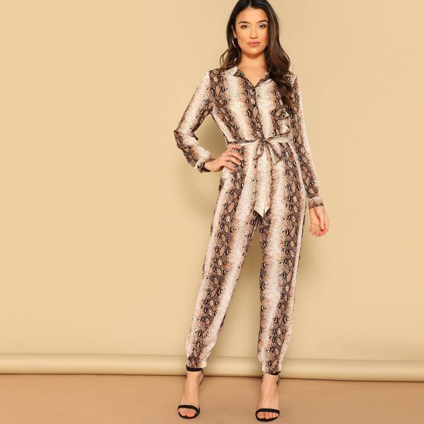 

Single Breasted Belted Snakeskin Print Carrot Leg Jumpsuit