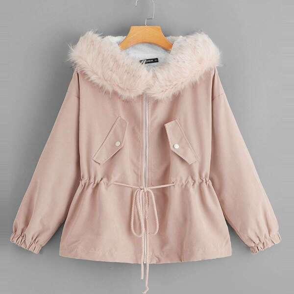 

Drawstring Waist Faux Fur Trim Hood Coat