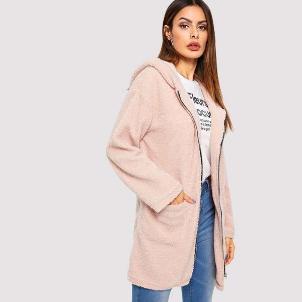 

Pocket Front Zip Up Hooded Teddy Coat