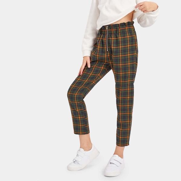 

Girls Paperbag Waist Zip Front Plaid Tapered Pants, Green