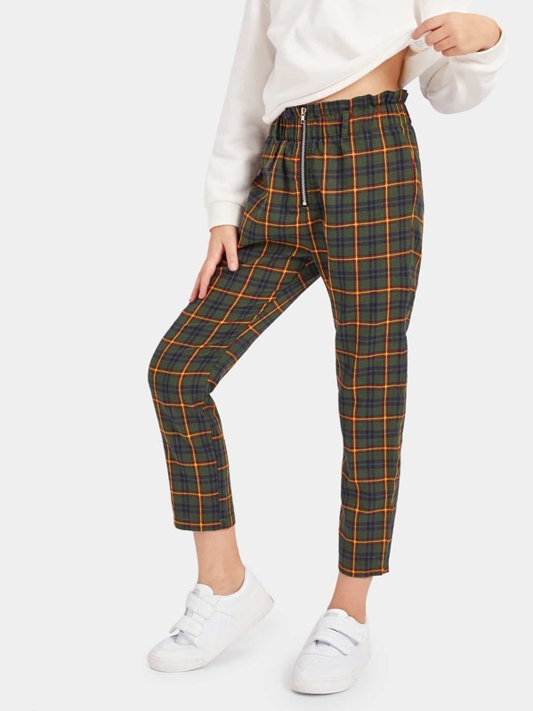 

Girls Paperbag Waist Zip Front Plaid Tapered Pants, Green