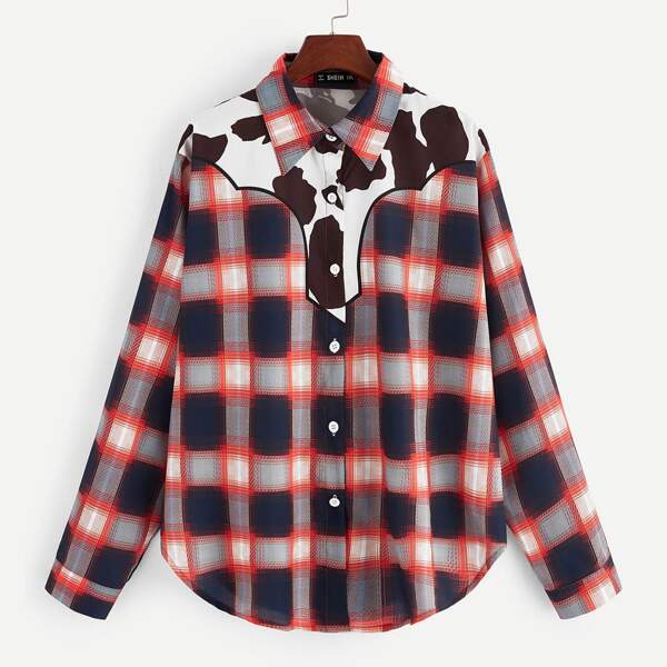 

Plus Curved Hem Plaid and Cow Shirt