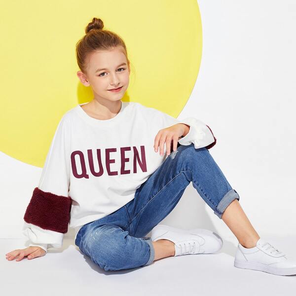 

Girls Faux Fur Contrast Sleeve Letter Pullover