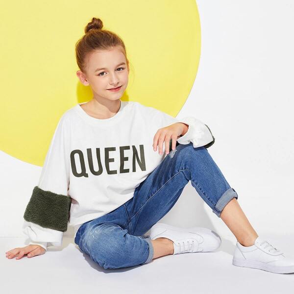 

Girls Contrast Faux Fur Letter Print Pullover