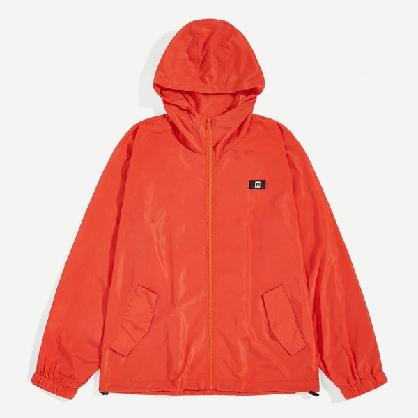 

Men Zip Up Drawstring Hem Patched Front Hooded Jacket