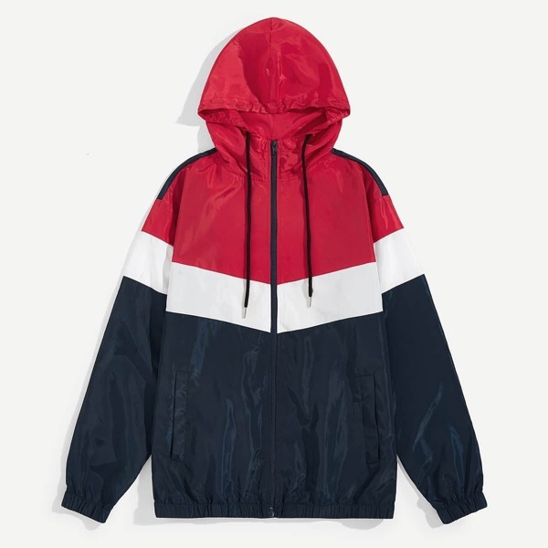 

Men Zip Up Drawstring Hooded Color-block Jacket, Multicolor