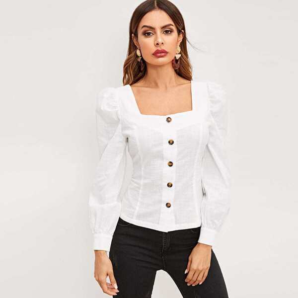 

Button Up Puff Sleeve Square Neck Top