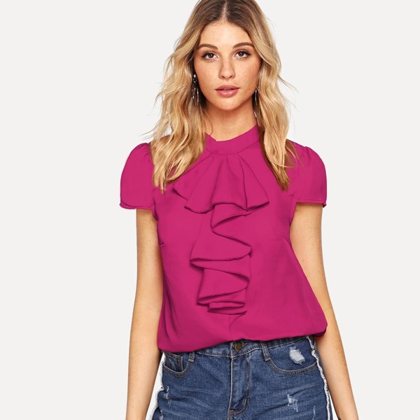 

Jabot Collar Cap Sleeve Blouse, Pink