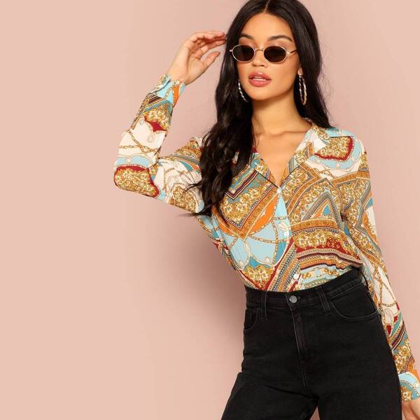 

Scarf Print Curved Hem Shirt, Multicolor