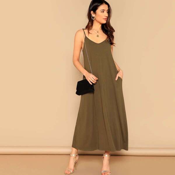 

Pocket Patched Swing Cami Dress, Army green
