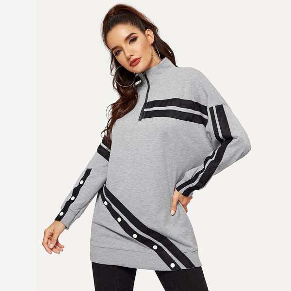 

Zip Half Placket Buttoned Embellished Striped Pullover