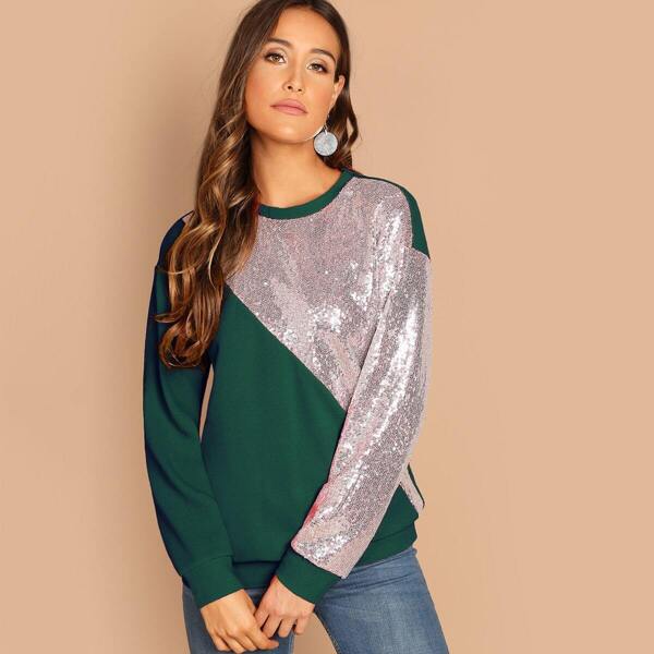 

Contrast Sequin Color-block Pullover