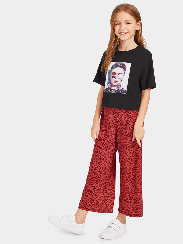 

Girls Figure Print Tee & Leopard Pants Set, Multicolor