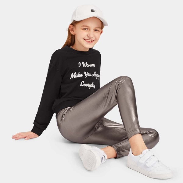 

Girls Letter Print Sweatshirt & Metallic Pants Set, Multicolor