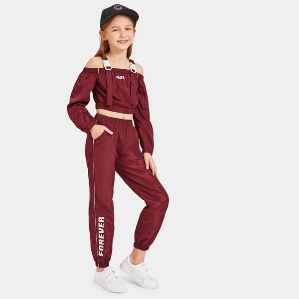 

Girls Push Buckle Strap Letter Top & Pants Set, Burgundy