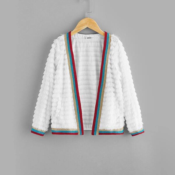 

Girls Striped Tape Trim Layered Fringe Coat, White