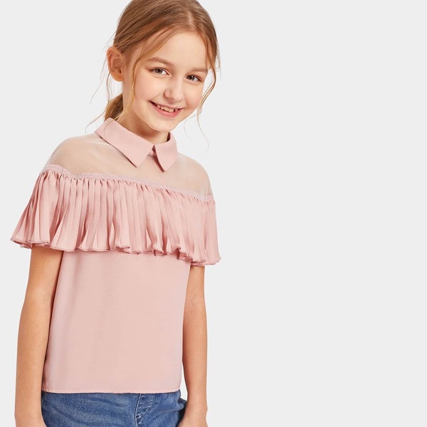 

Girls Mesh Insert Ruffle Embellished Blouse, Pink pastel