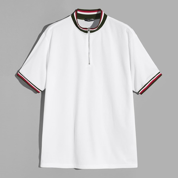 

Men Striped Trim Zipper Up Polo Shirt