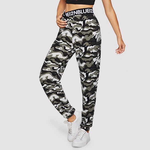 

Letter Tape Waist Camo Pants, Multicolor