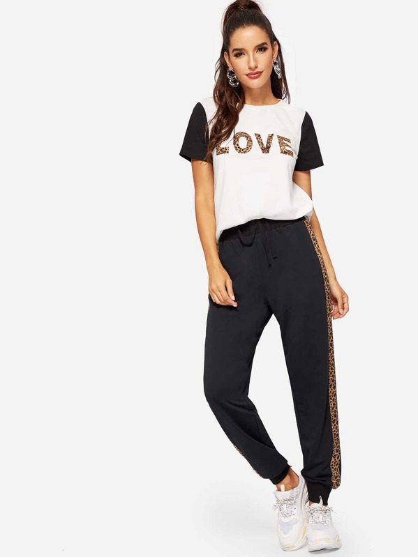 

Leopard Letter Graphic Two-tone T-shirt & Pants Set, Black and white, Juliana