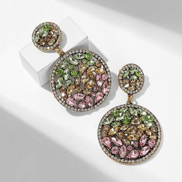 

Rhinestone Engraved Round Drop Earrings 1pair, Multicolor