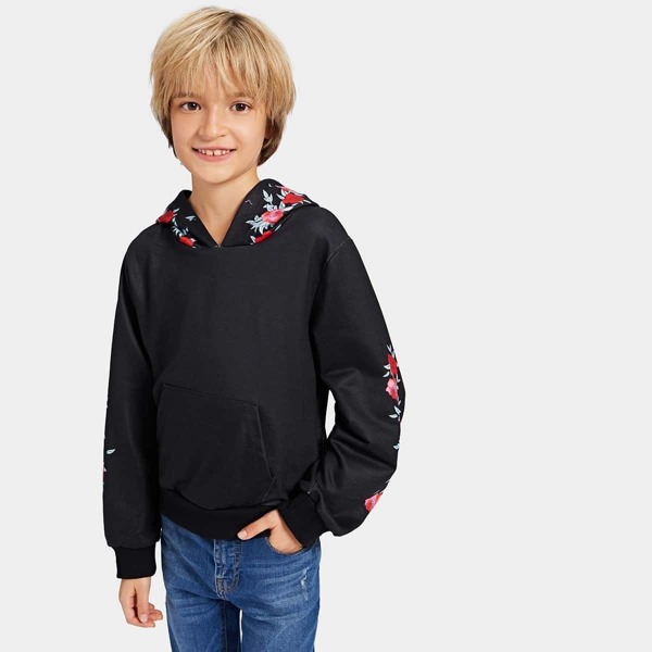 

Toddler Boys Floral Print Kangaroo Pocket Hoodie, Black