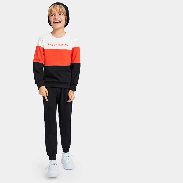 

Boys Letter Print Color Block Sweatshirt & Pants, Multicolor