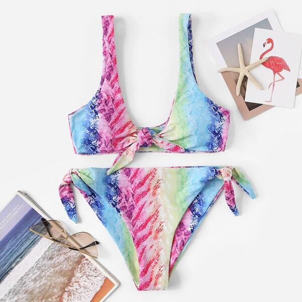 

Tie Dye Tie Front Top With Tie Side Bikini