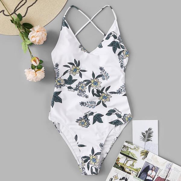 

Random Floral Criss Cross Backless One Piece Swimsuit, Multicolor