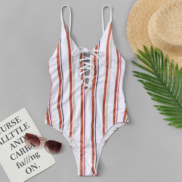 

Striped Lace-up Low Back One Piece Swim