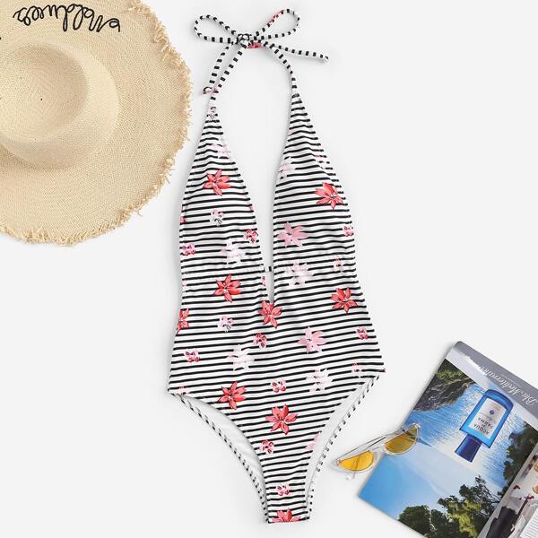 

Random Floral & Striped Backless Halter One Piece Swimsuit, Multicolor