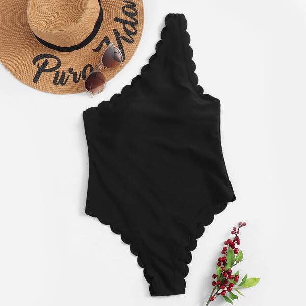 

Scalloped Trim One Shoulder One Piece Swimwear, Black