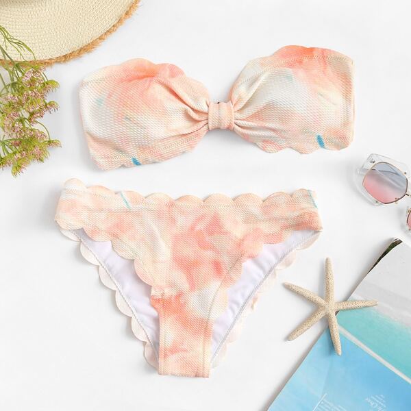 

Tie Dye Scalloped Trim Bandeau Bikini Set, Pink