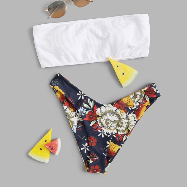 

Ribbed Bandeau With Random Floral High Cut Bikini, Multicolor