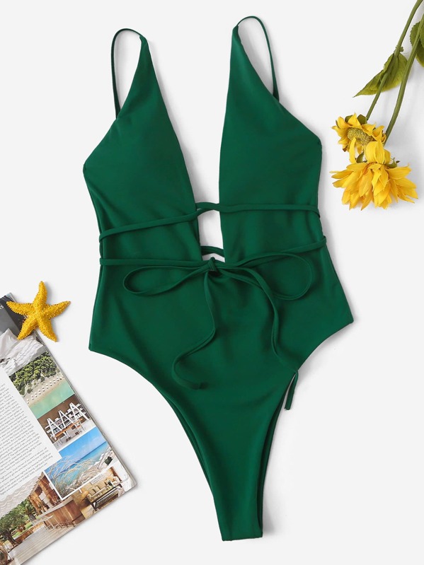 

Low Back Deep Plunge One Piece Swimwear, Green