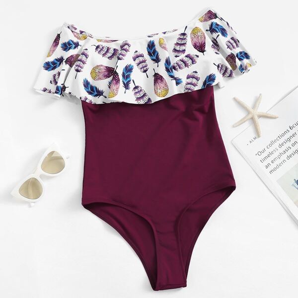 

Random Feather Print Flounce Bardot One Piece Swimsuit