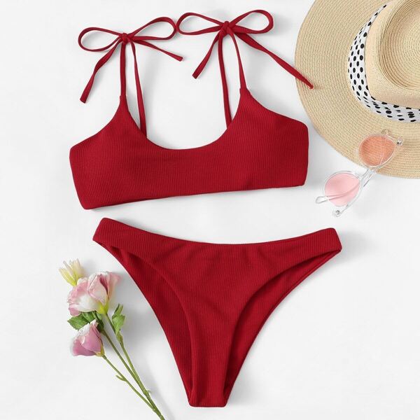 

Ribbed Self Tie Top With Cheeky Bikini, Red bright