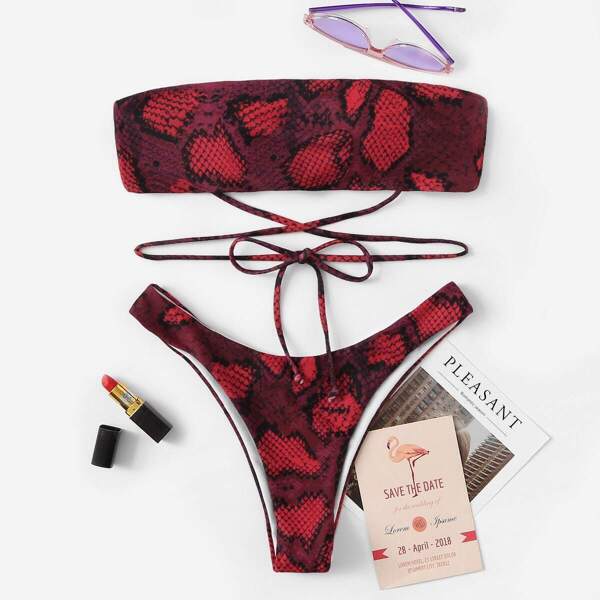 

Snake Print Bandeau With High Cut Bikini Set
