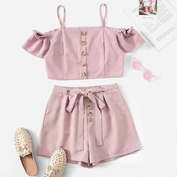 

Button Through Cami Top With Drawstring Waist Shorts