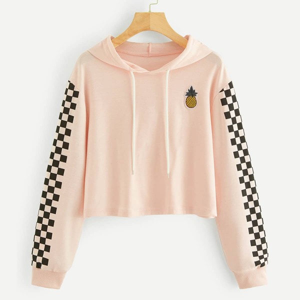 

Pineapple Embroidered Patch Checkered Sleeve Crop Hoodie