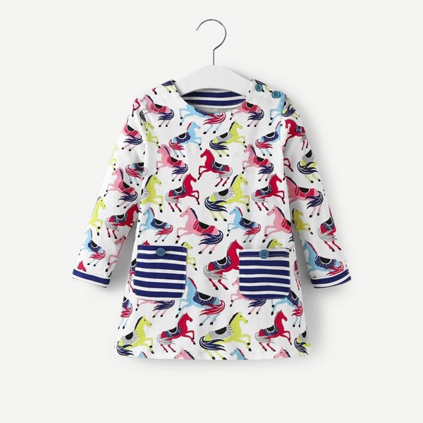 

Toddler Girls Horse Print Striped Pocket Dress